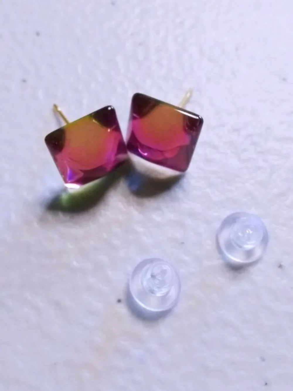 Intense Pink Hues: Versatile Iridescent Shimmering Square Stud Post Earrings